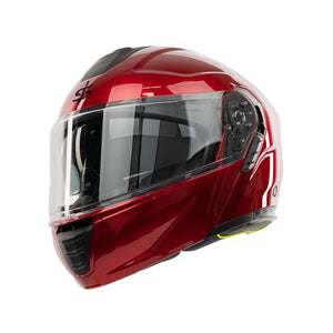 red motorbike helmet with clear visor and integrated sun visor