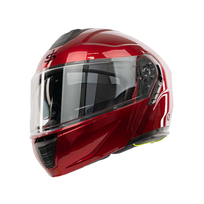 red motorbike helmet with clear visor and integrated sun visor