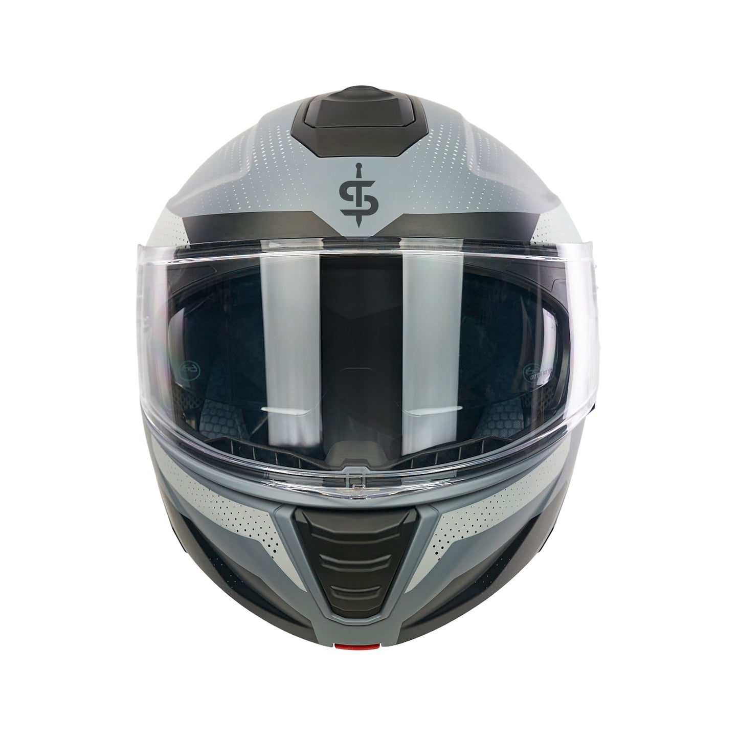 front facing black and grey motorbike helmet with black logo