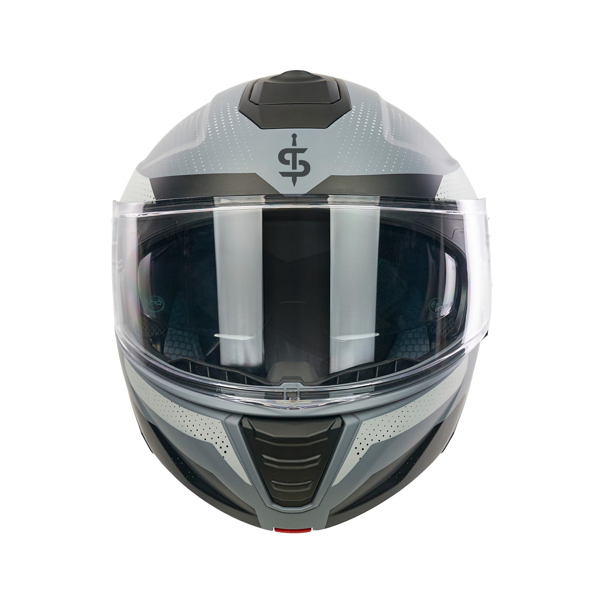 front facing black and grey motorbike helmet with black logo