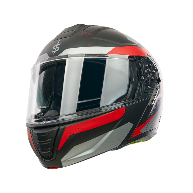 black grey and red geometric motorbike helmet with clear visor and integrated sun visor