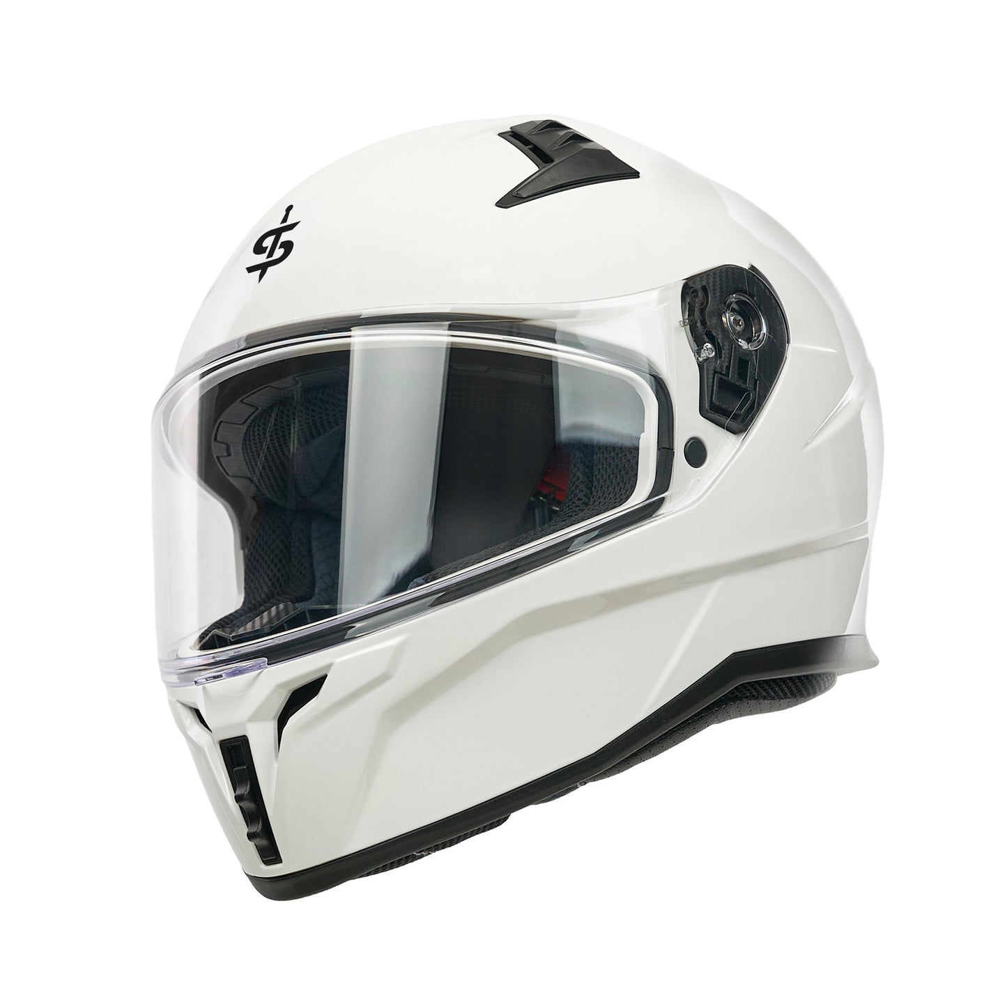 gloss white motorbike helmet with black spada logo and clear visor