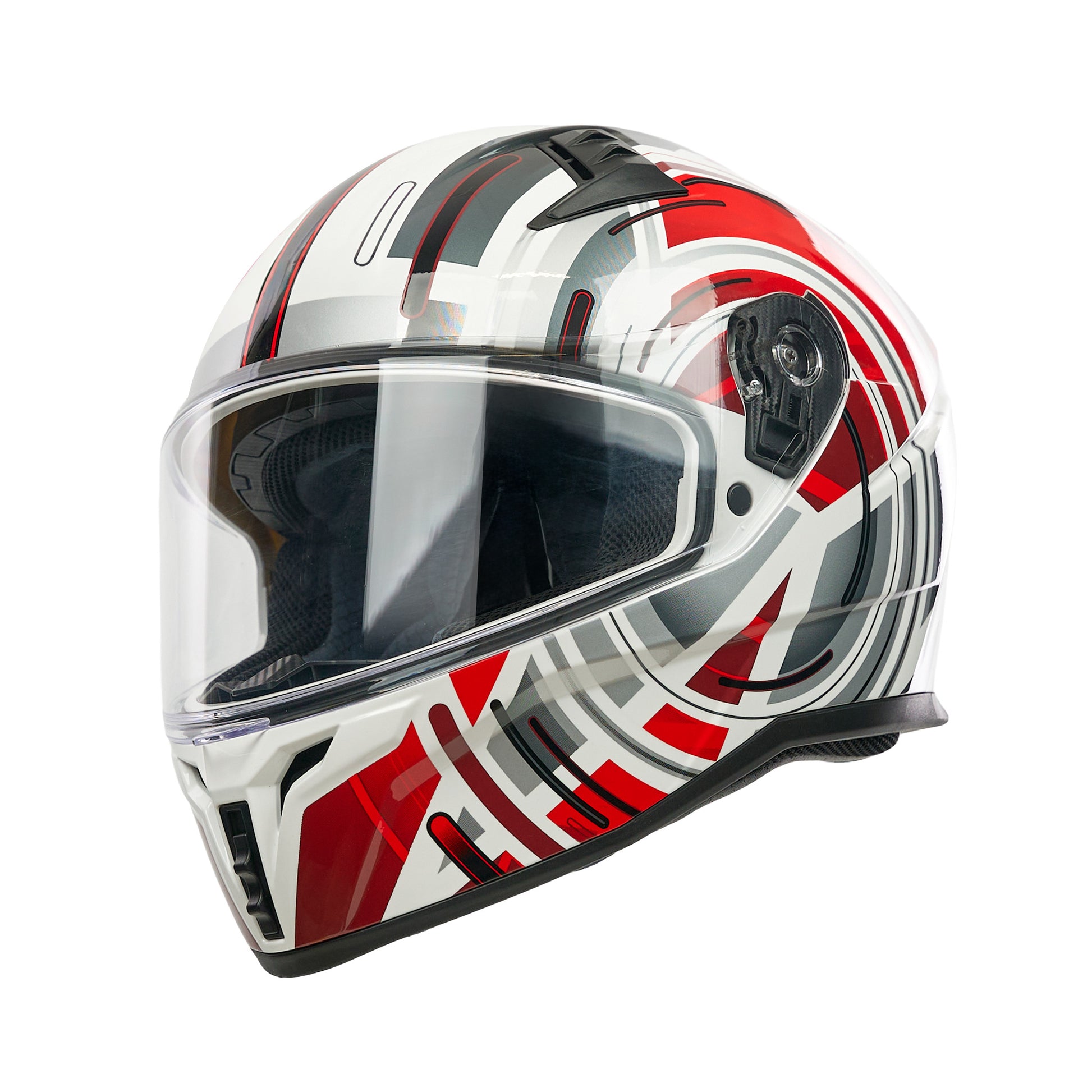red white and black motorbike helmet with clear visor
