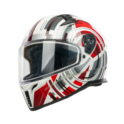 red white and black motorbike helmet with clear visor