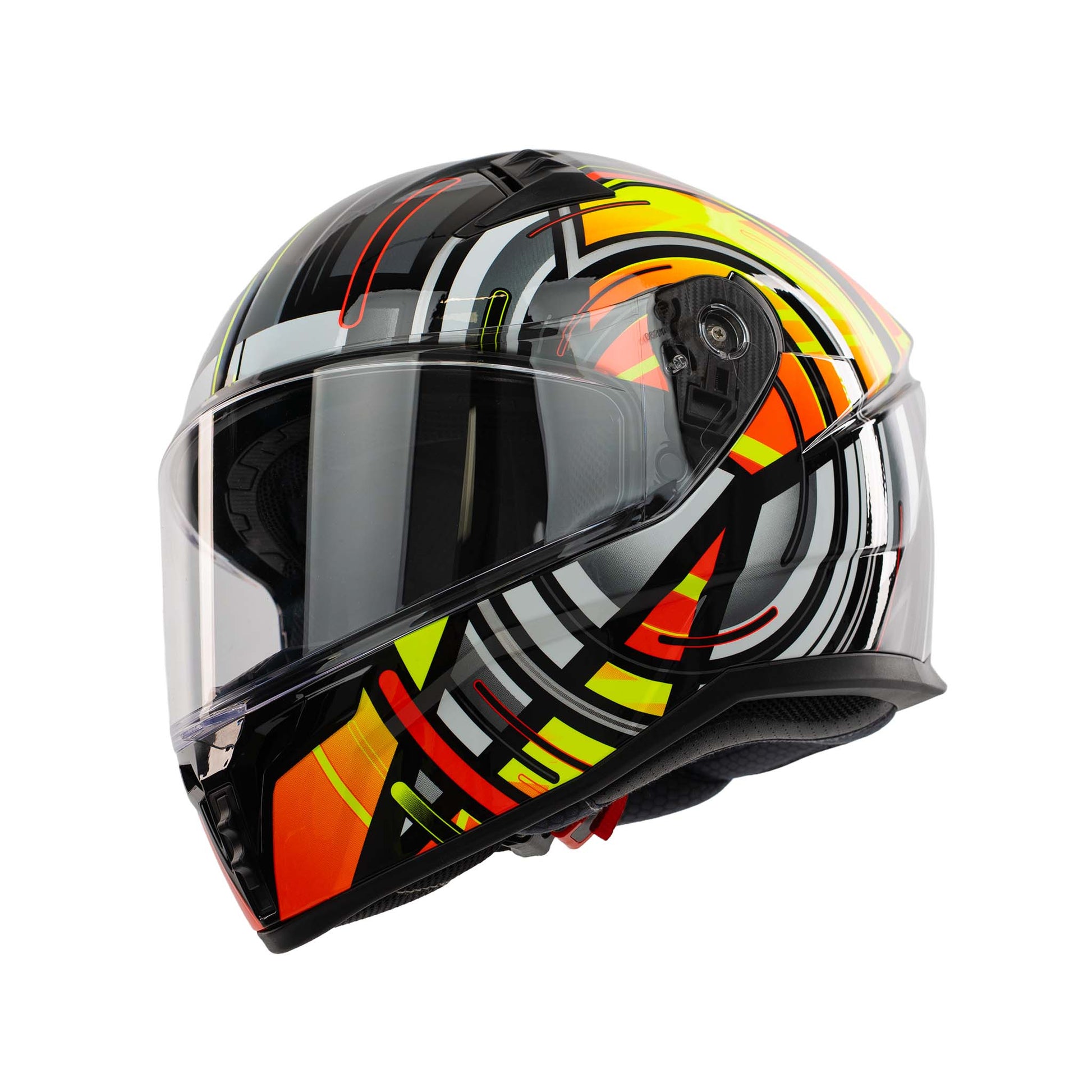 colourful yellow and orange full face helmet