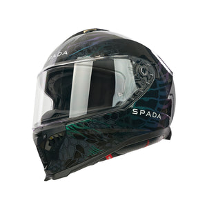 dark black and green motorbike helmet with spada branding