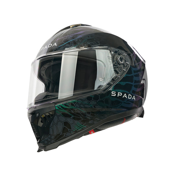 dark black and green motorbike helmet with spada branding