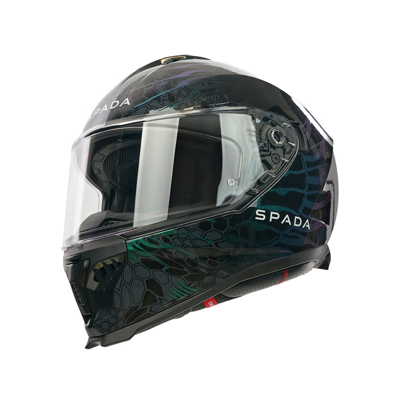 dark black and green motorbike helmet with spada branding