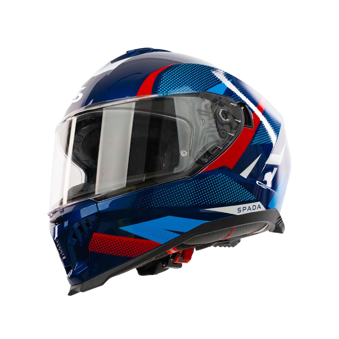 Blue and red motorcycle helmet with clear visor on a white background
