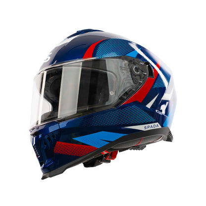 Blue and red motorcycle helmet with clear visor on a white background