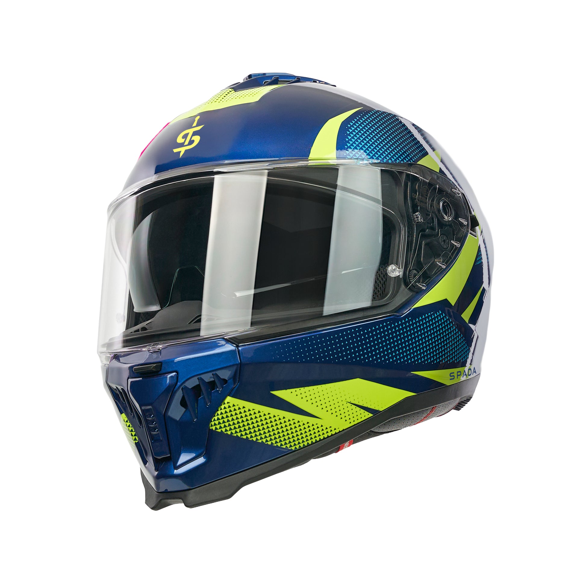 blue and yellow motorbike helmet with clear visor and integrated sun visor