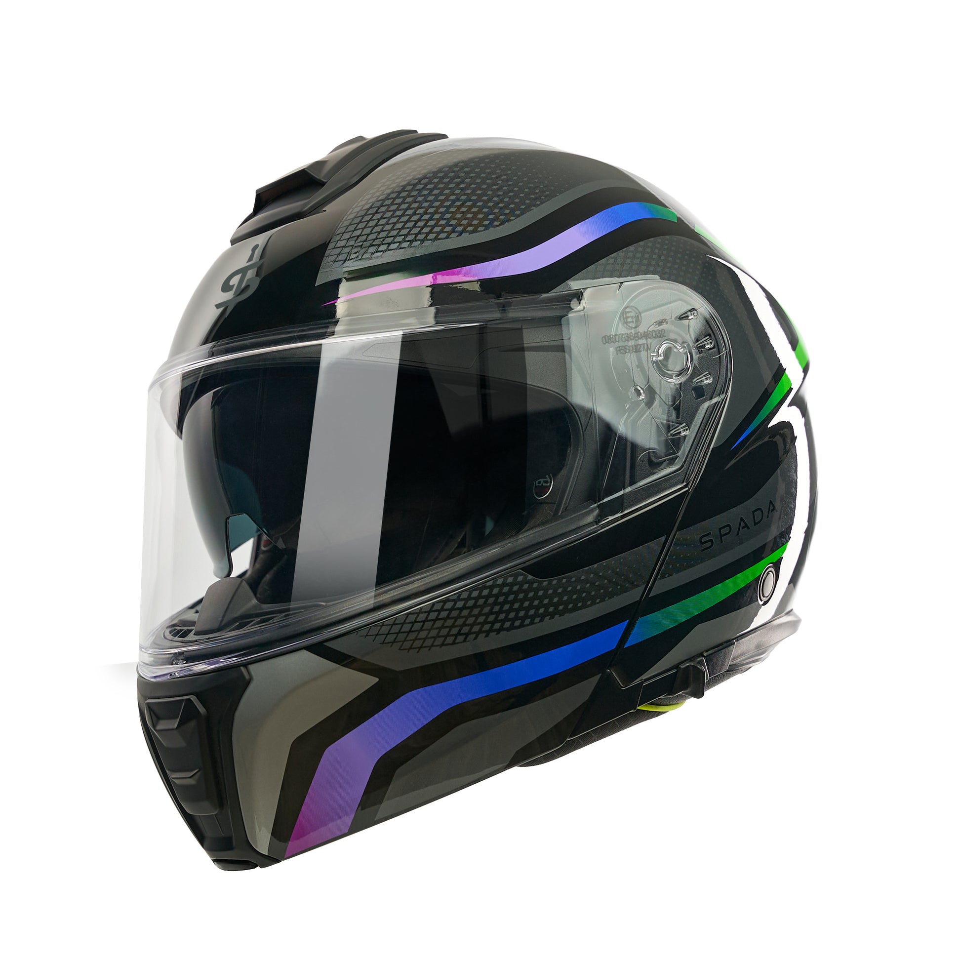 Black motorcycle helmet with colorful accents on a white background