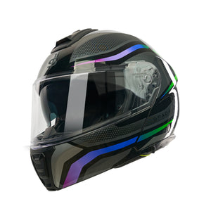 Black motorcycle helmet with colorful accents on a white background