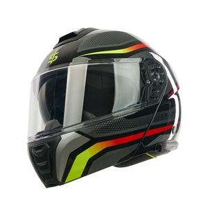 black yellow and red motorbike helmet with clear visor