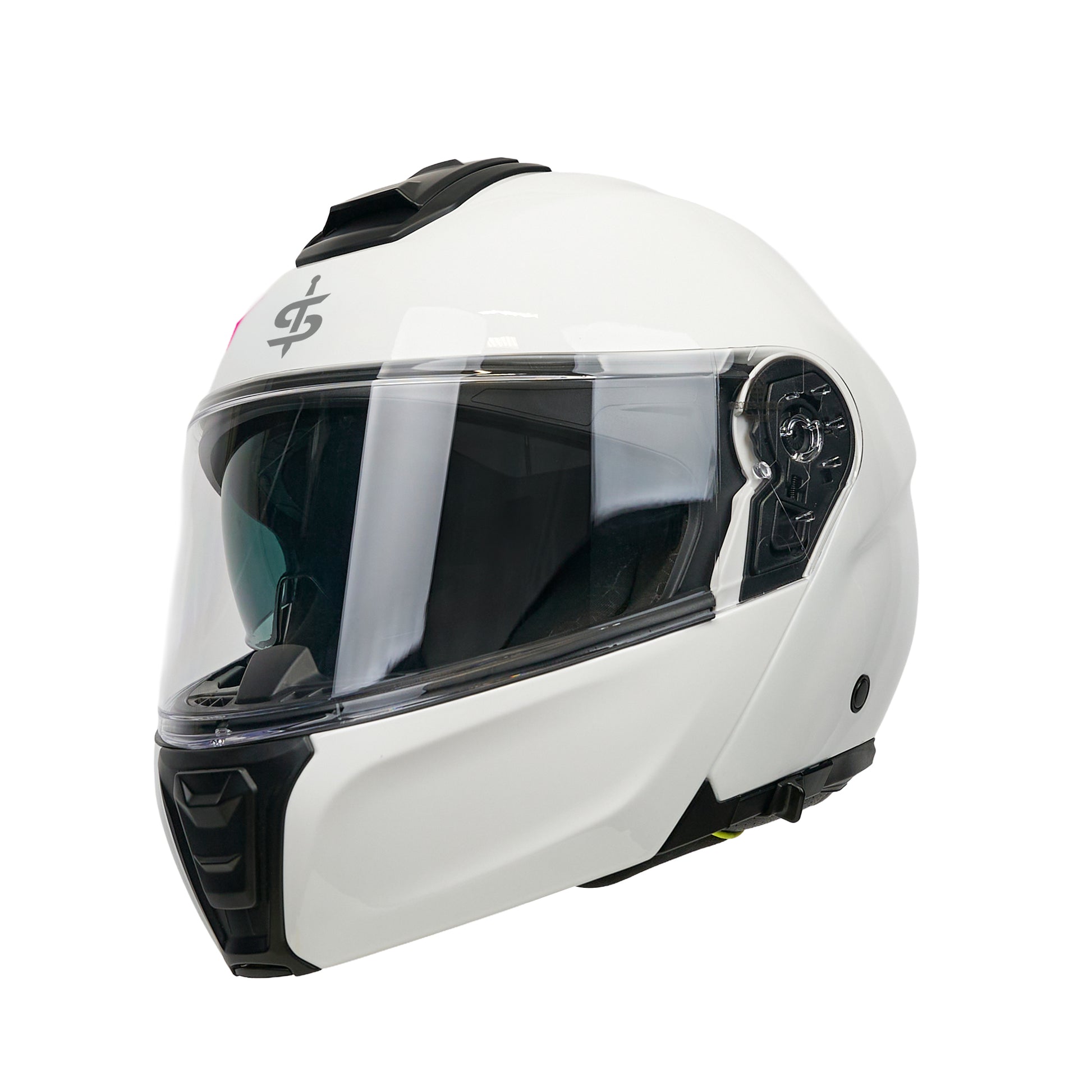 gloss white motorbike helmet with clear visor with integrated sun visor