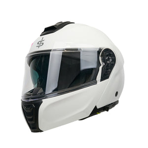gloss white motorbike helmet with clear visor with integrated sun visor