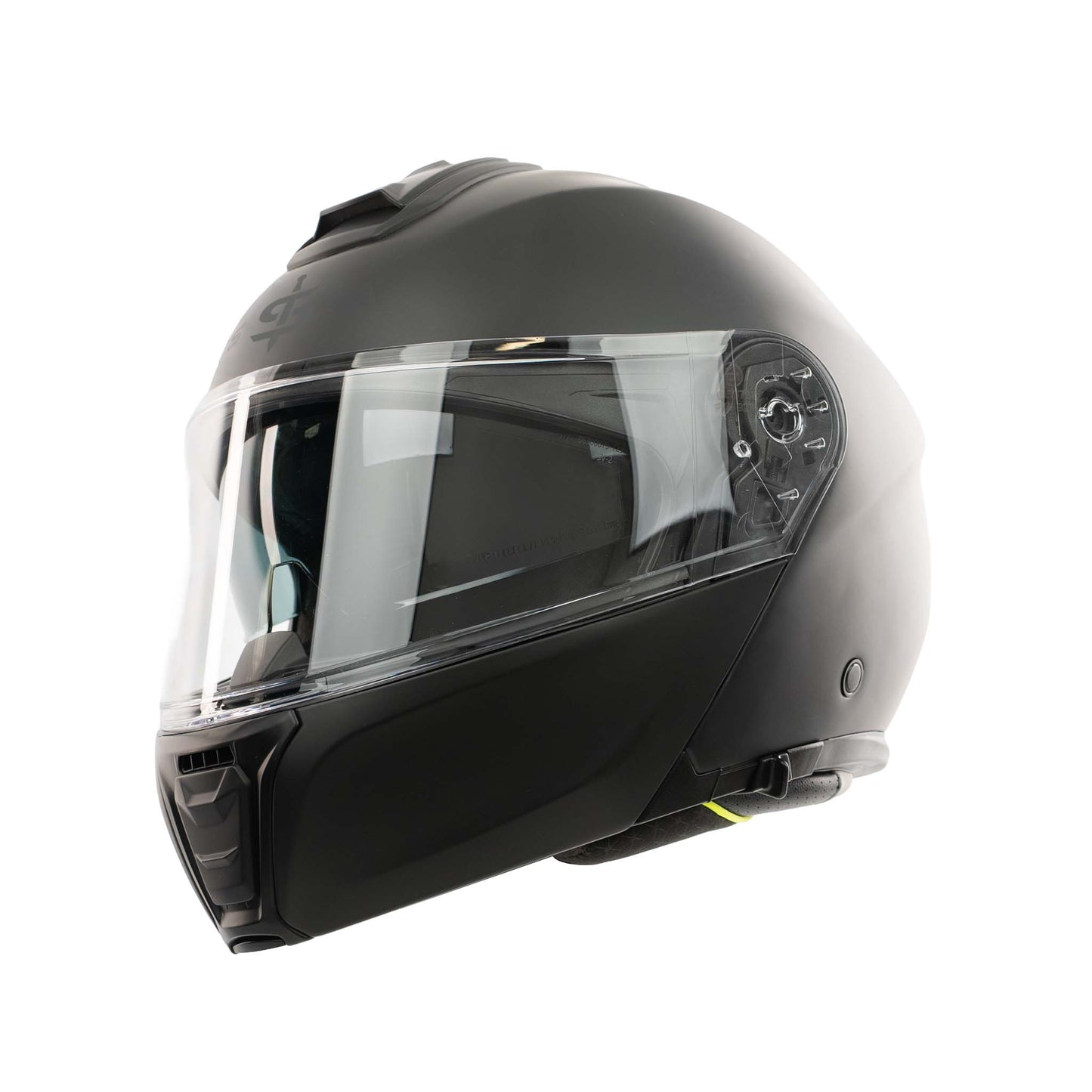 matt black motorbike helmet with clear visor and integrated sun visor