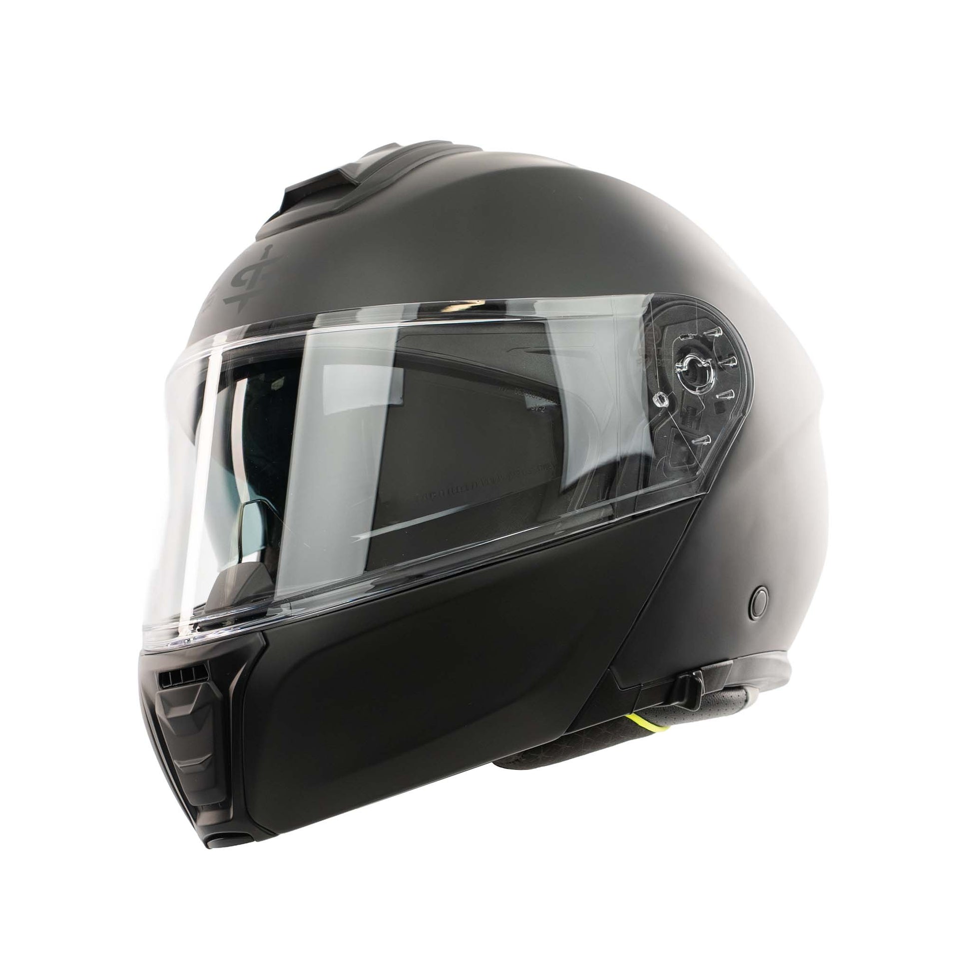 matt black motorbike helmet with clear visor and integrated sun visor