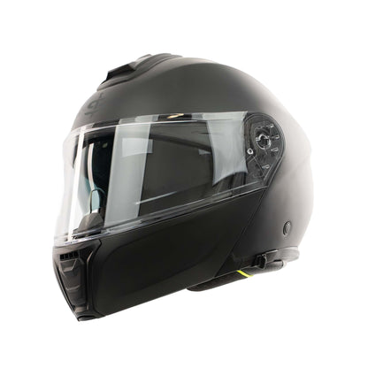 matt black motorbike helmet with clear visor and integrated sun visor