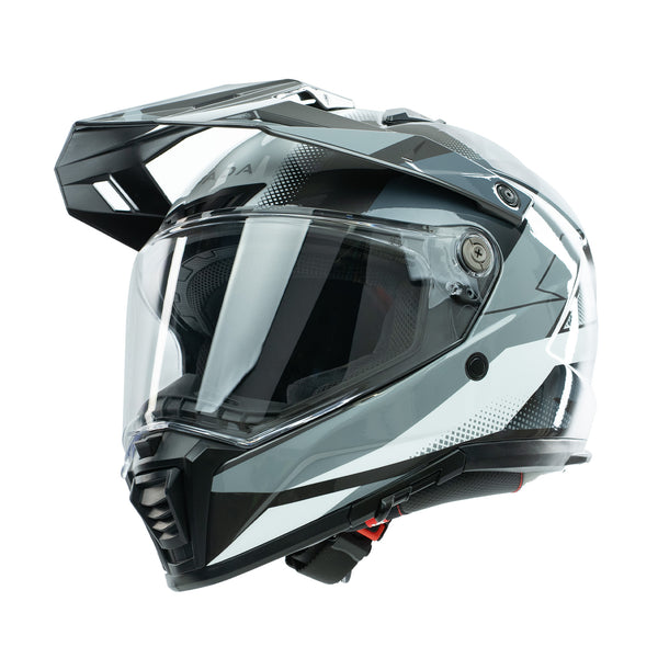 black and grey full face motorbike helmet with clear pinlock ready visor and integrated sun visor