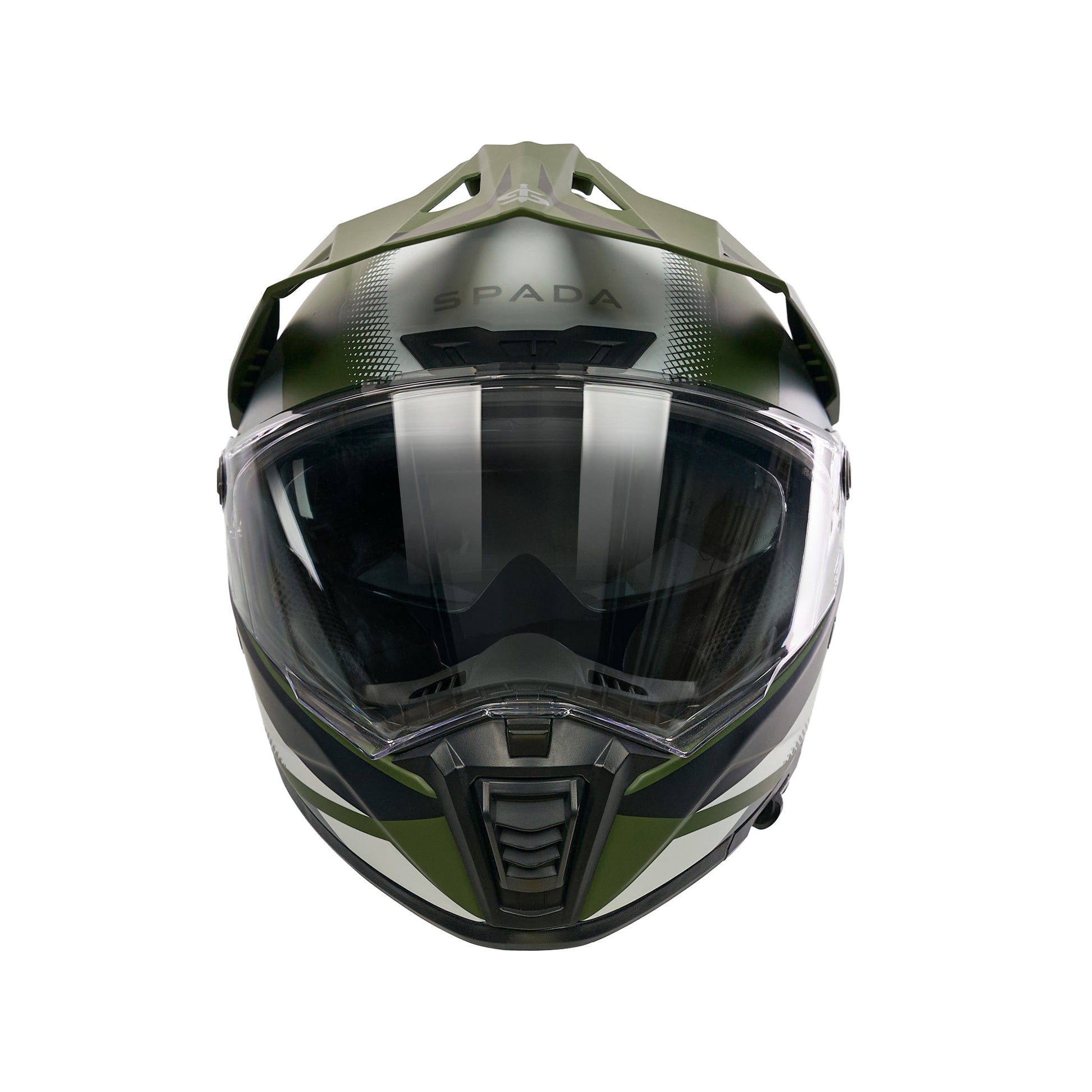 front facing black and dark green motorbike helmet with peak