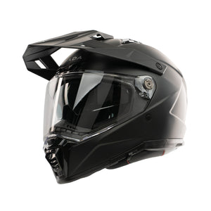 matt black motorbike helmet with clear visor and integrated sun visor
