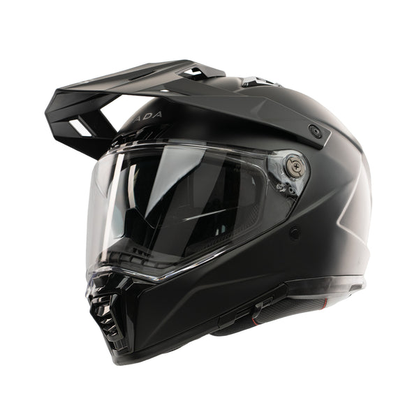 matt black motorbike helmet with clear visor and integrated sun visor