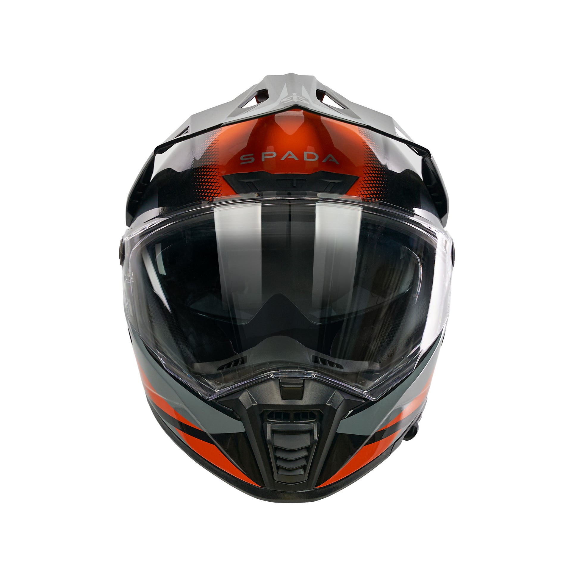 front facing off road black and orange helmet with spada branding