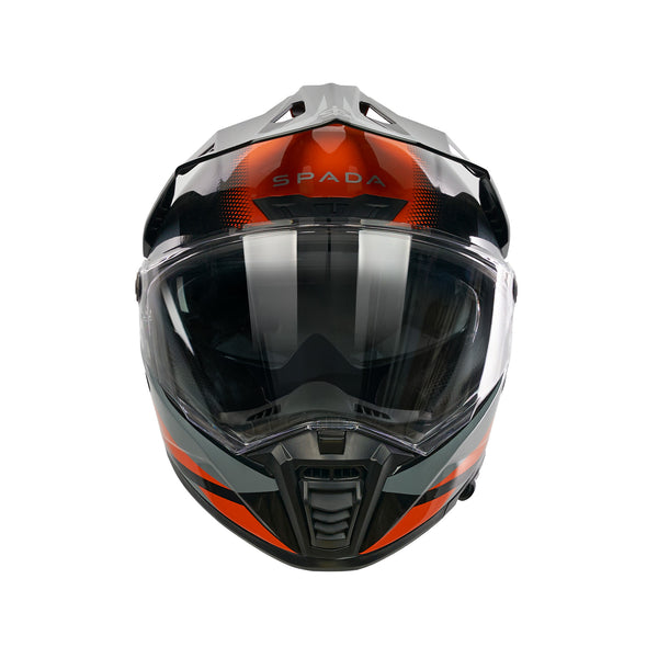 front facing off road black and orange helmet with spada branding