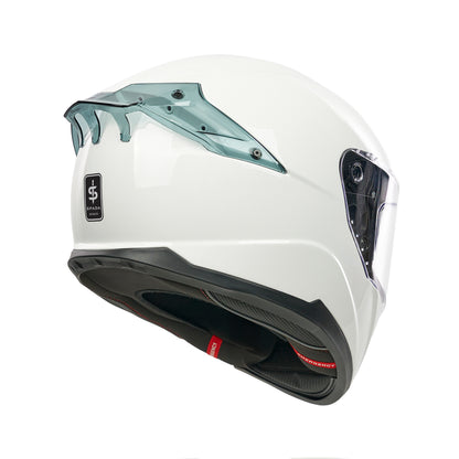 White motorcycle helmet with a clear visor on a white background