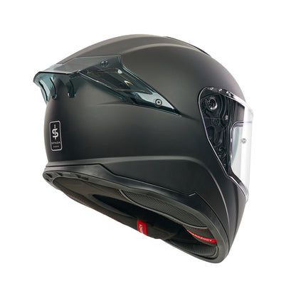 Black motorcycle helmet with clear visor on a white background