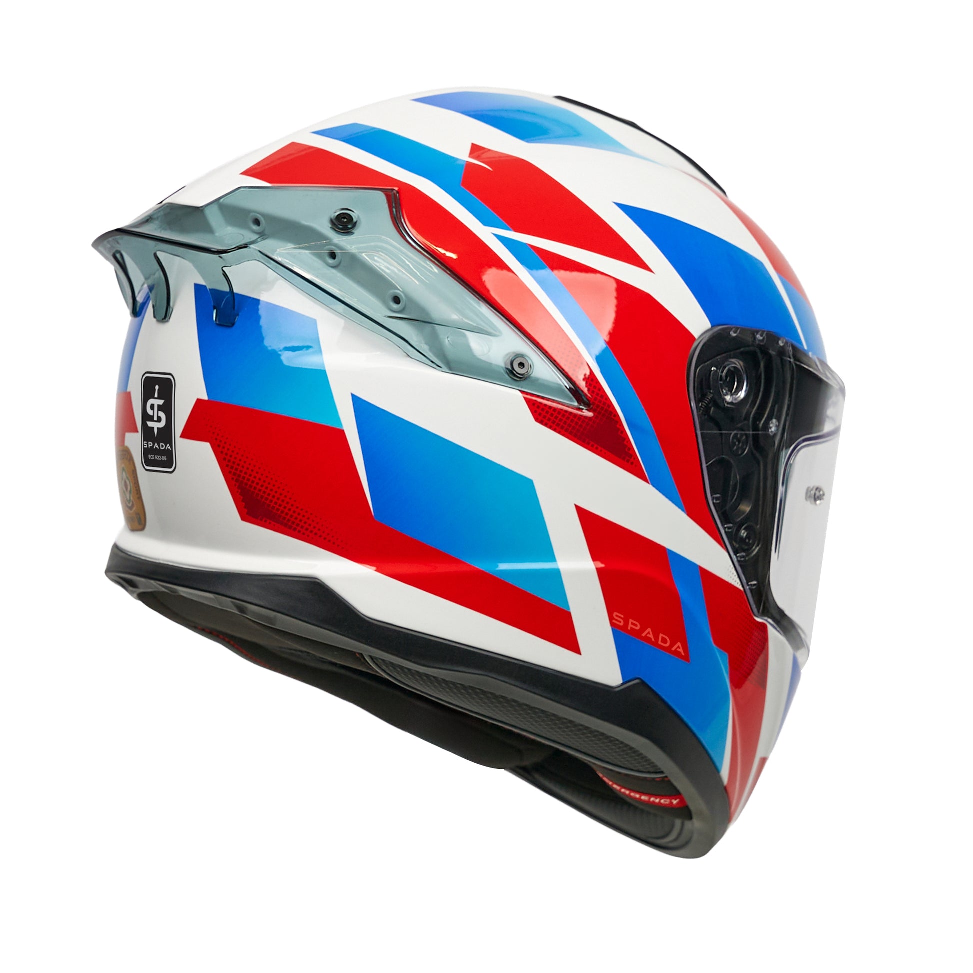 Motorcycle helmet with a Union Jack design on a white background
