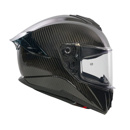 Carbon fiber motorcycle helmet with clear visor on a white background