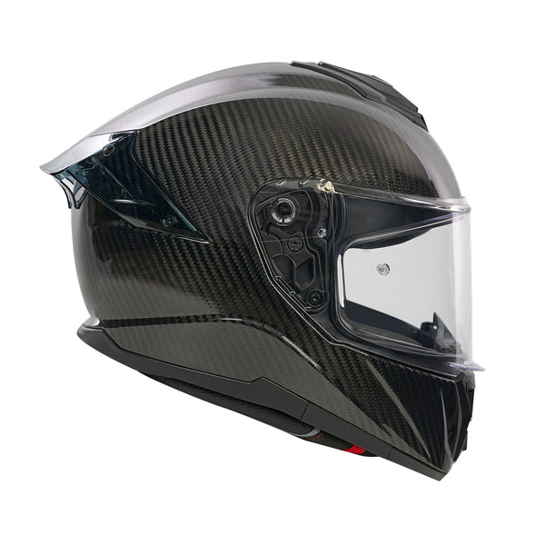 Carbon fiber motorcycle helmet with clear visor on a white background