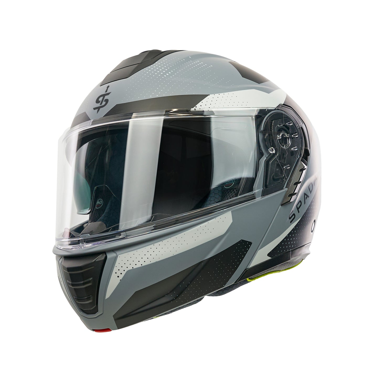grey and black flip up motorbike helmet with clear visor and integrated sun visor