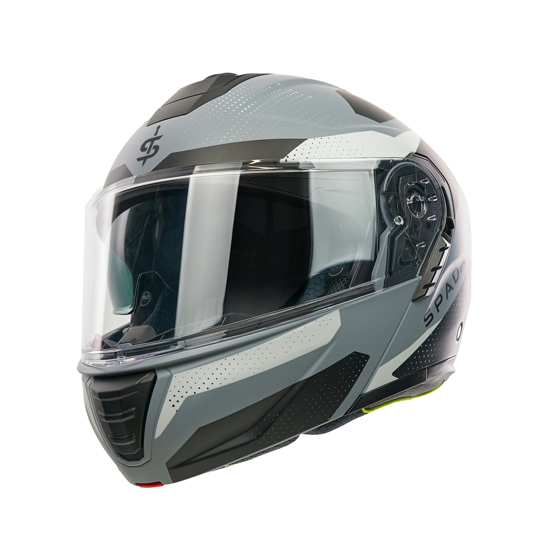 grey and black flip up motorbike helmet with clear visor and integrated sun visor