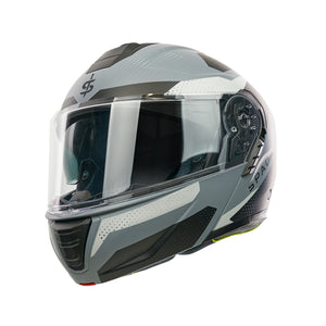 grey and black flip up motorbike helmet with clear visor and integrated sun visor