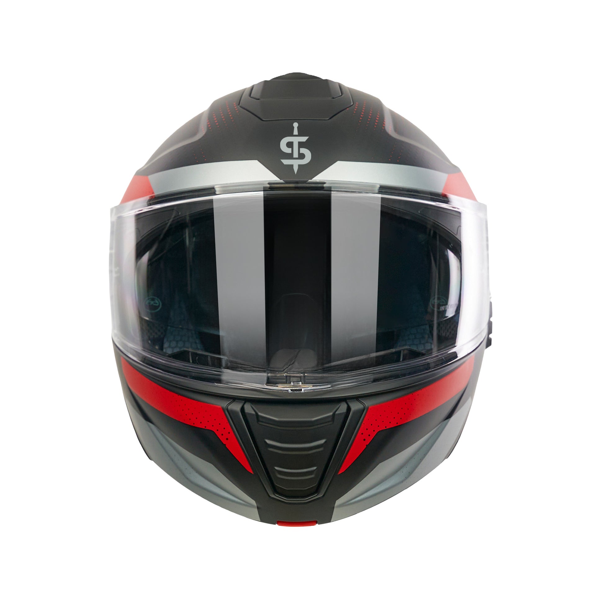 front facing black and red spada helmet
