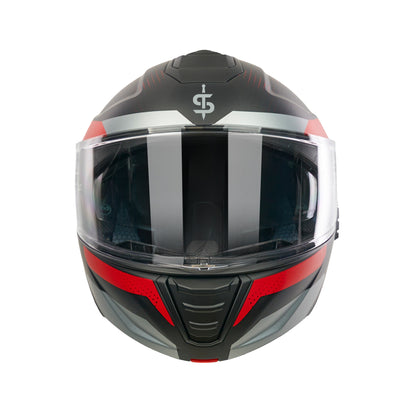 front facing black and red spada helmet
