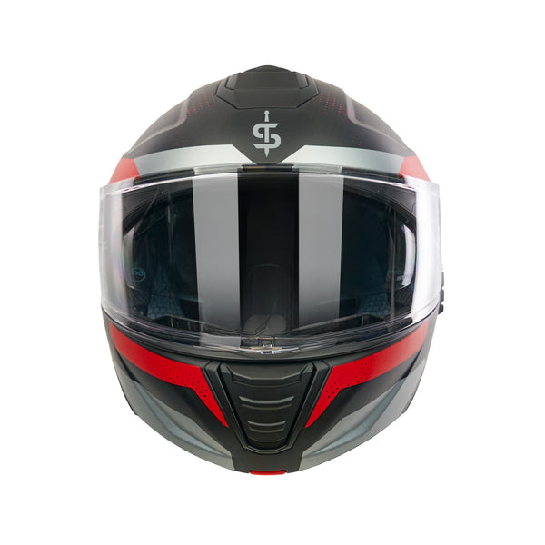 front facing black and red spada helmet