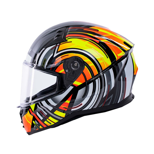 vibrant yellow and black motorbike helmet with a clear visor