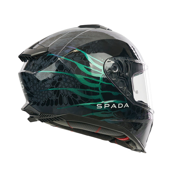 Black motorcycle helmet with green accents and 'Spada' branding on a white background