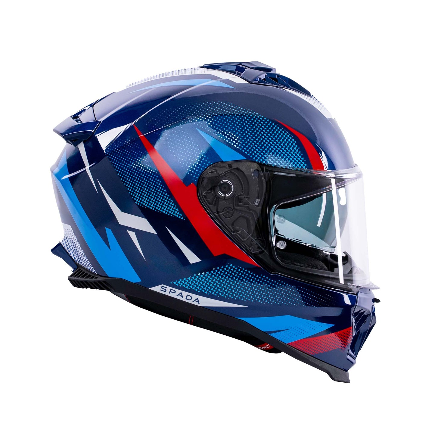Blue and red motorcycle helmet with clear visor on a white background