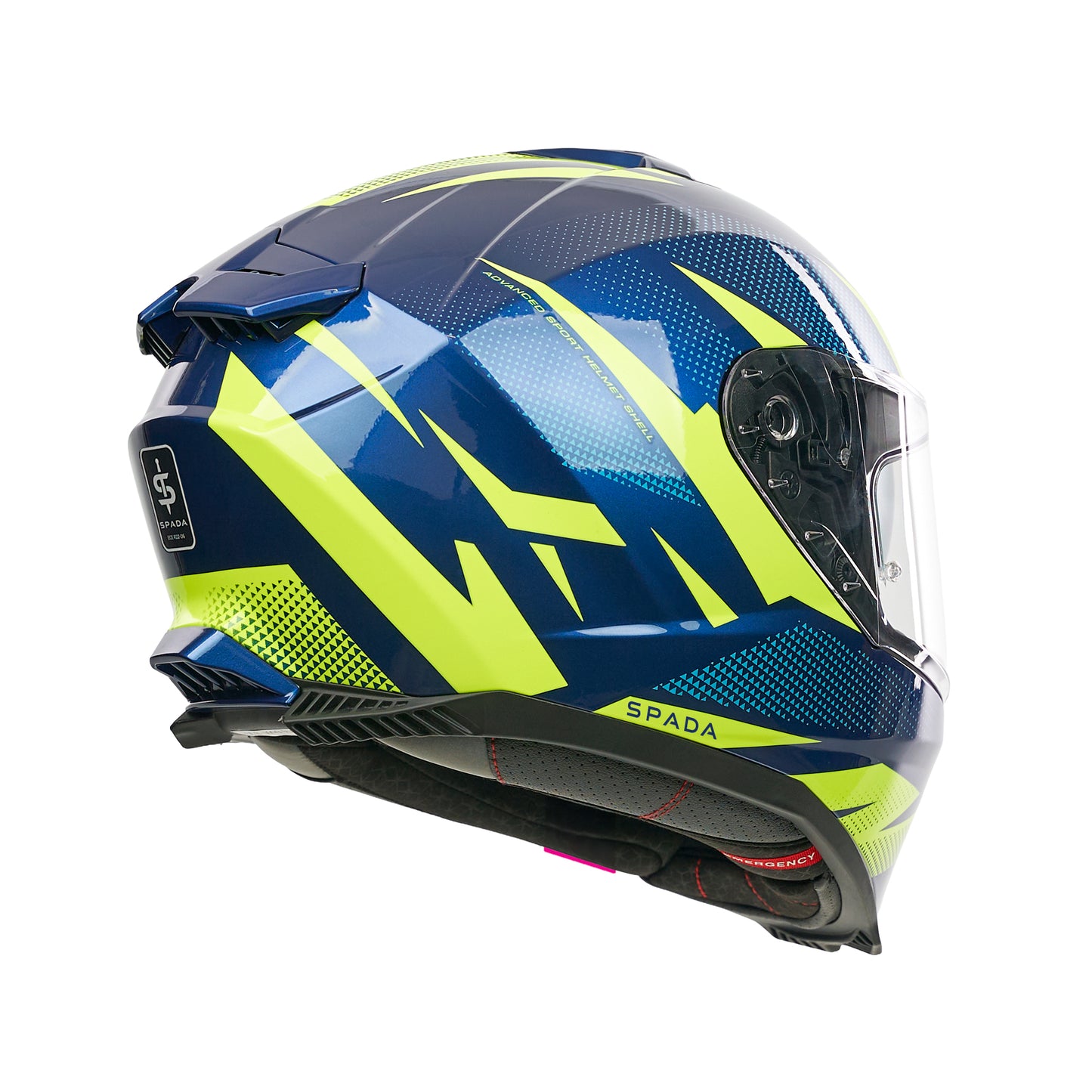 Blue and yellow motorcycle helmet with 'Spada' branding on a white background