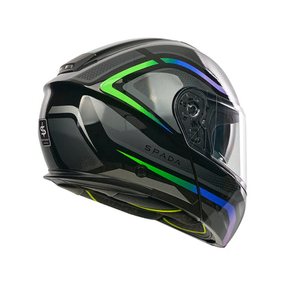 Black motorcycle helmet with colorful accents on a white background