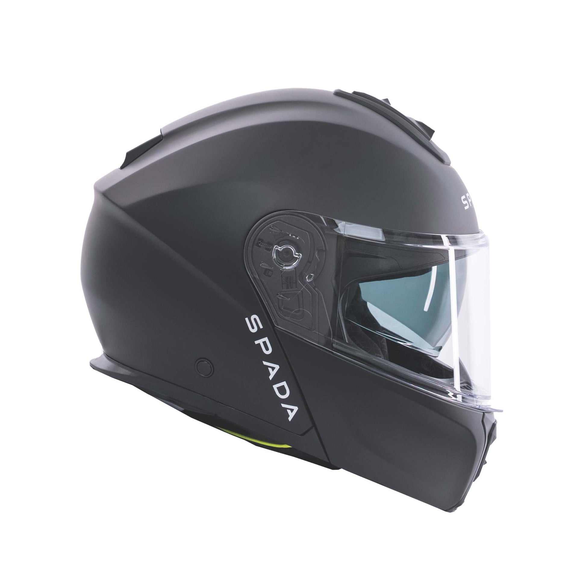 Black motorcycle helmet with clear visor on a white background