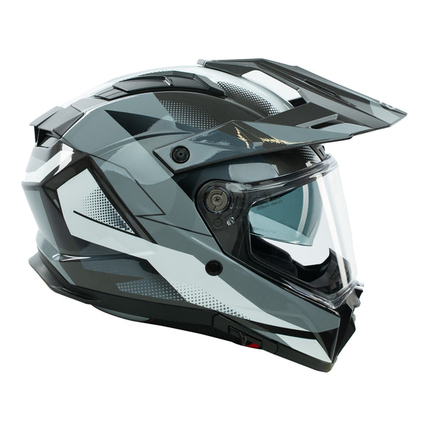 Gray and black motorcycle helmet with clear visor on a white background