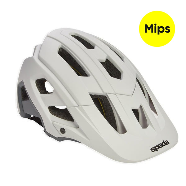 A matte light grey Spada brand mountain bike helmet with multiple vent holes and an adjustable strap.