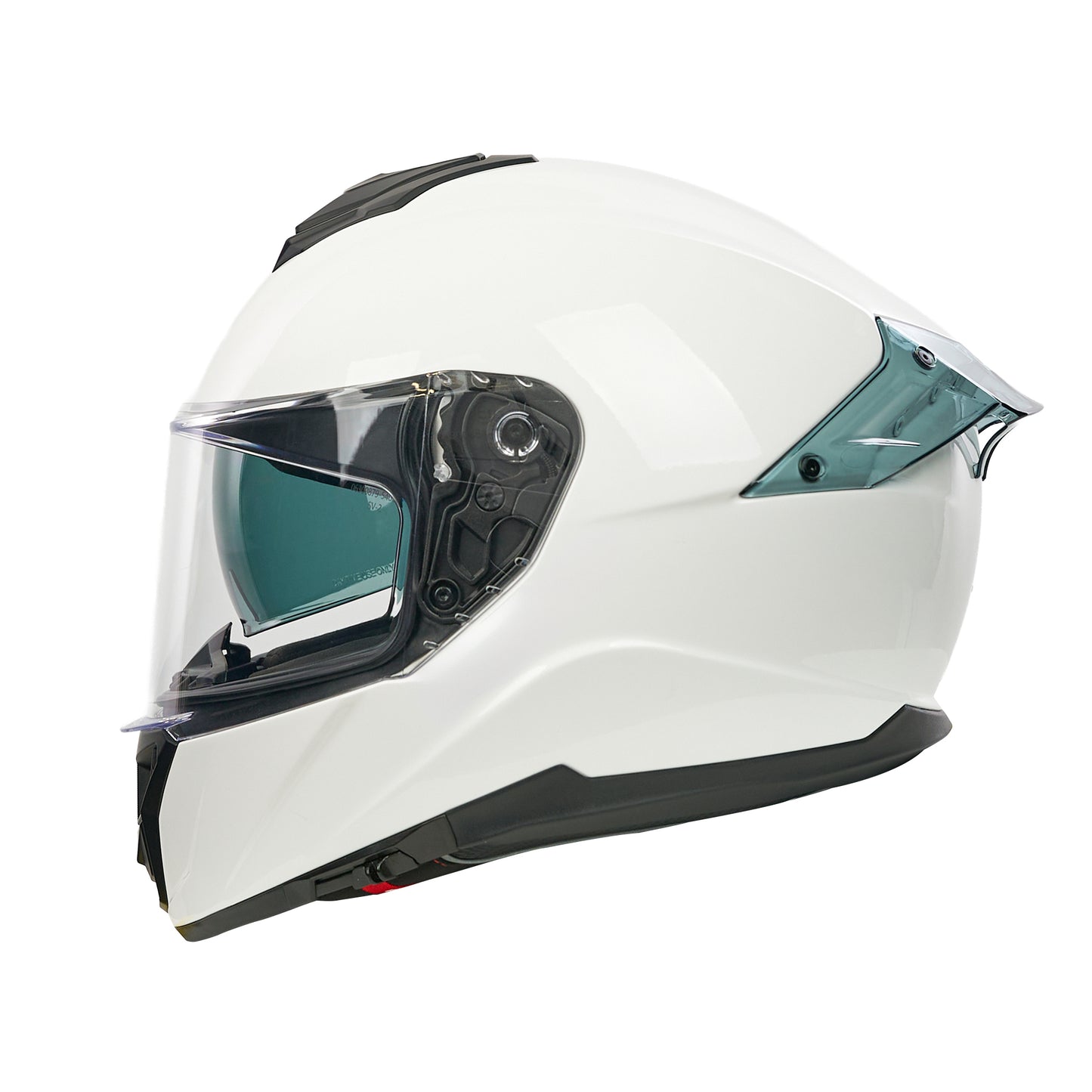 white full face motorbike helmet with clear visor and integrated sun visor