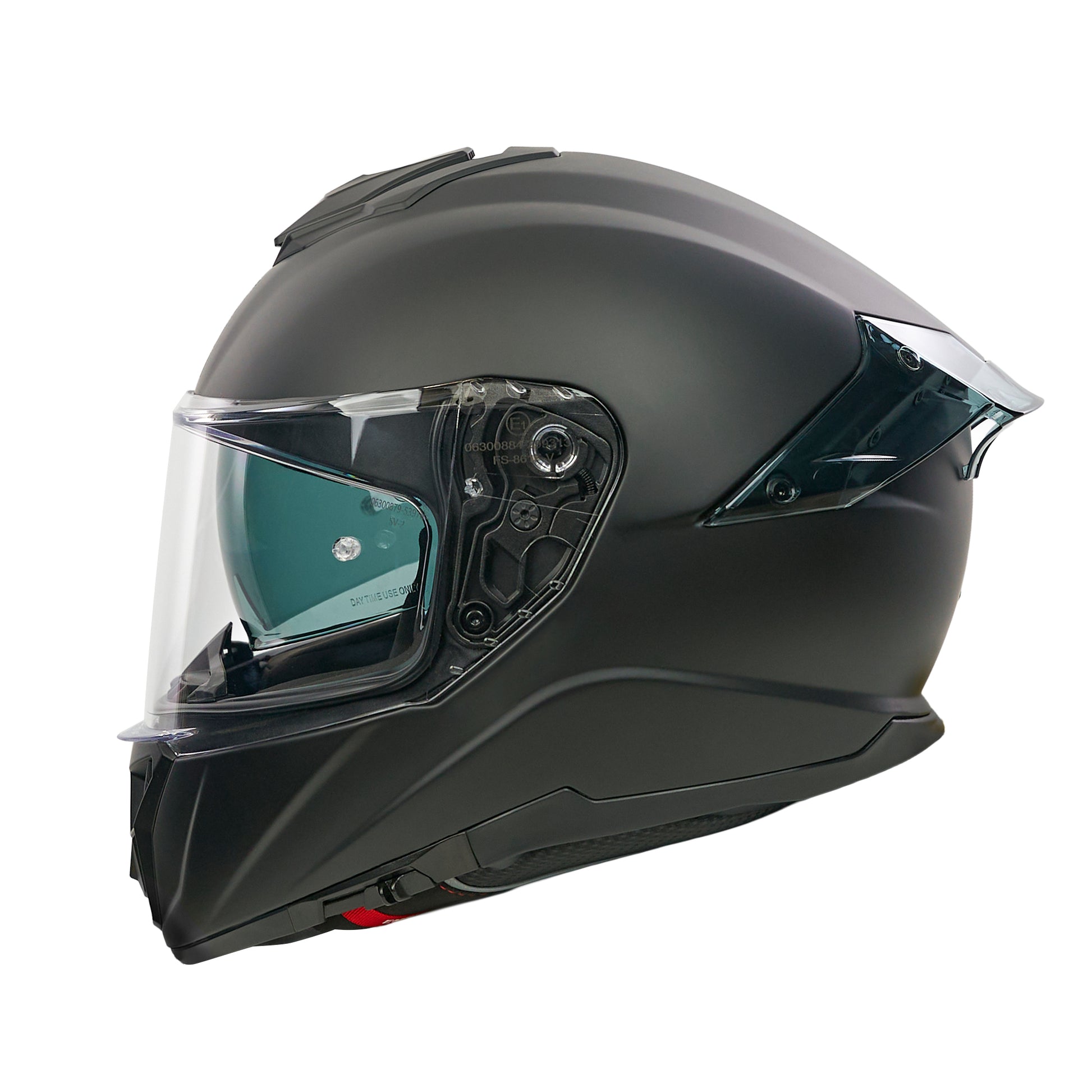 Black motorcycle helmet with clear visor on a white background